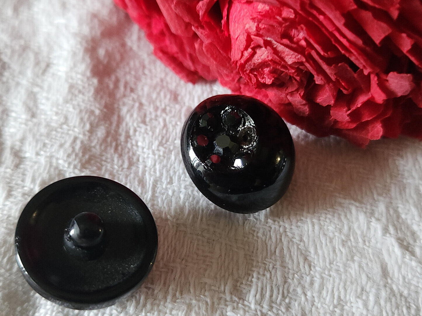 Duo boutons vintage parurier collection resine strass fleur noir 1,8 cm G7F