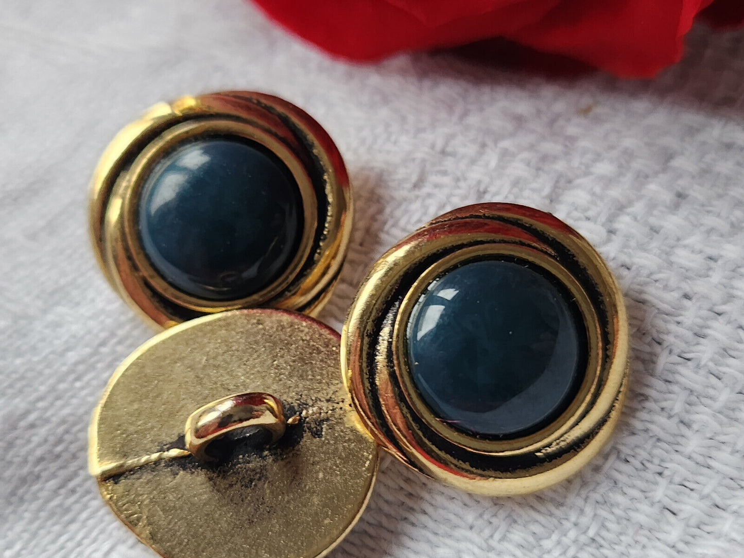 Trio boutons en métal doré vintage bleu  1,6 cm pied D6L