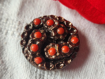 Gros bouton en résine bronze perle  orange vintage pied 2,5 cm ref 5130