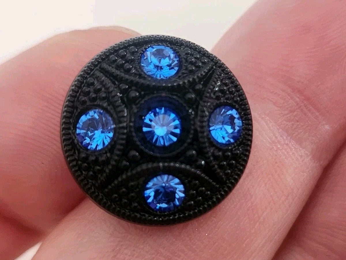 Bouton ancien en verre noir avec strass bleu vintage  1,8 cm D18A