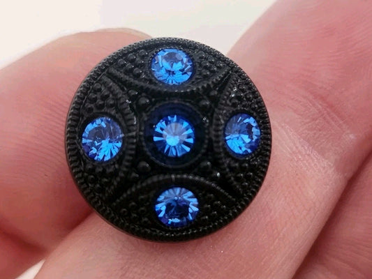 Bouton ancien en verre noir avec strass bleu vintage  1,8 cm D18A