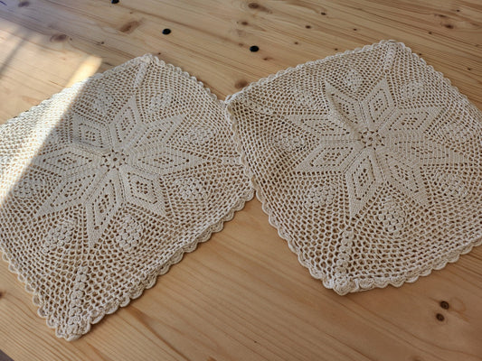Lot deux anciennes taies d'oreillers main crème crochet superbes B6