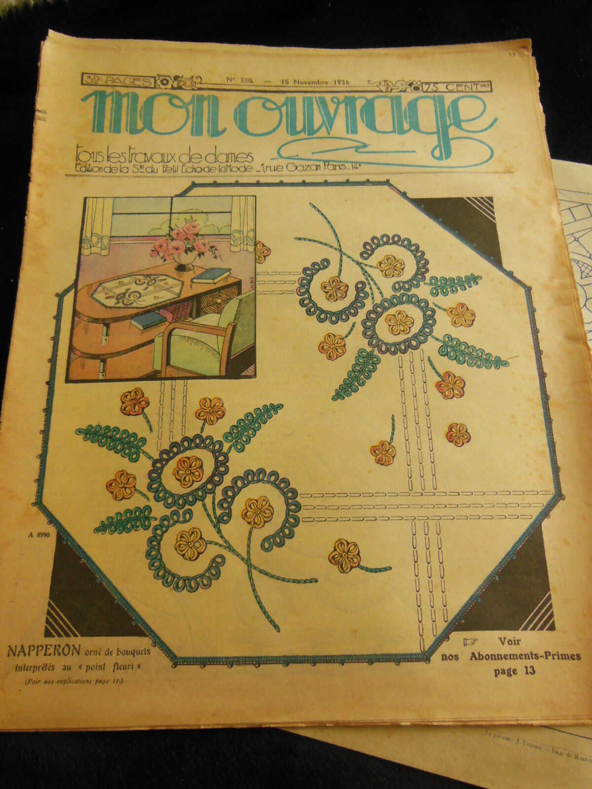 Mon ouvrage 1936 n°330  avec supplément Lingerie jeté table chemisier