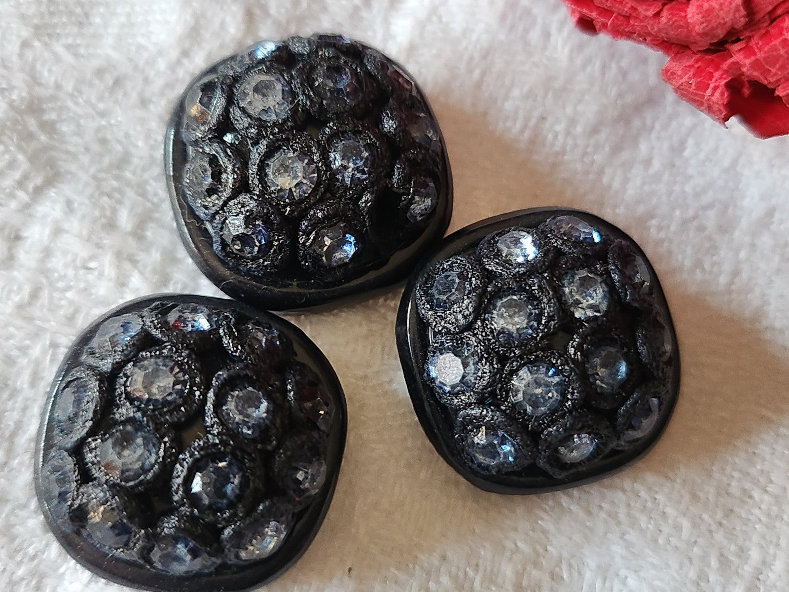 Trio boutons vintage strass resine parurier 2 cm bleu pied G15G