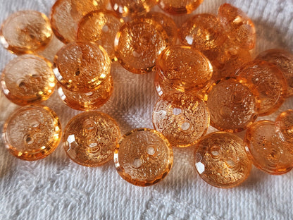 Lot 26 boutons vintage transparent orange plastique trous petits 1,1 cm ref 3136