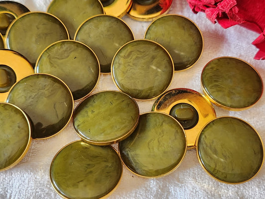 Lot 6 boutons vintage vert veiné monture métal pied plastique 2,3 cm ref 3166