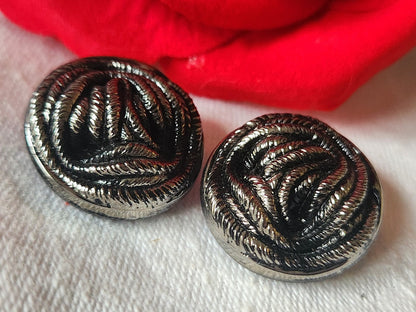 Duo boutons vintage  en verre noir argenté pied  2,2 cm G14F