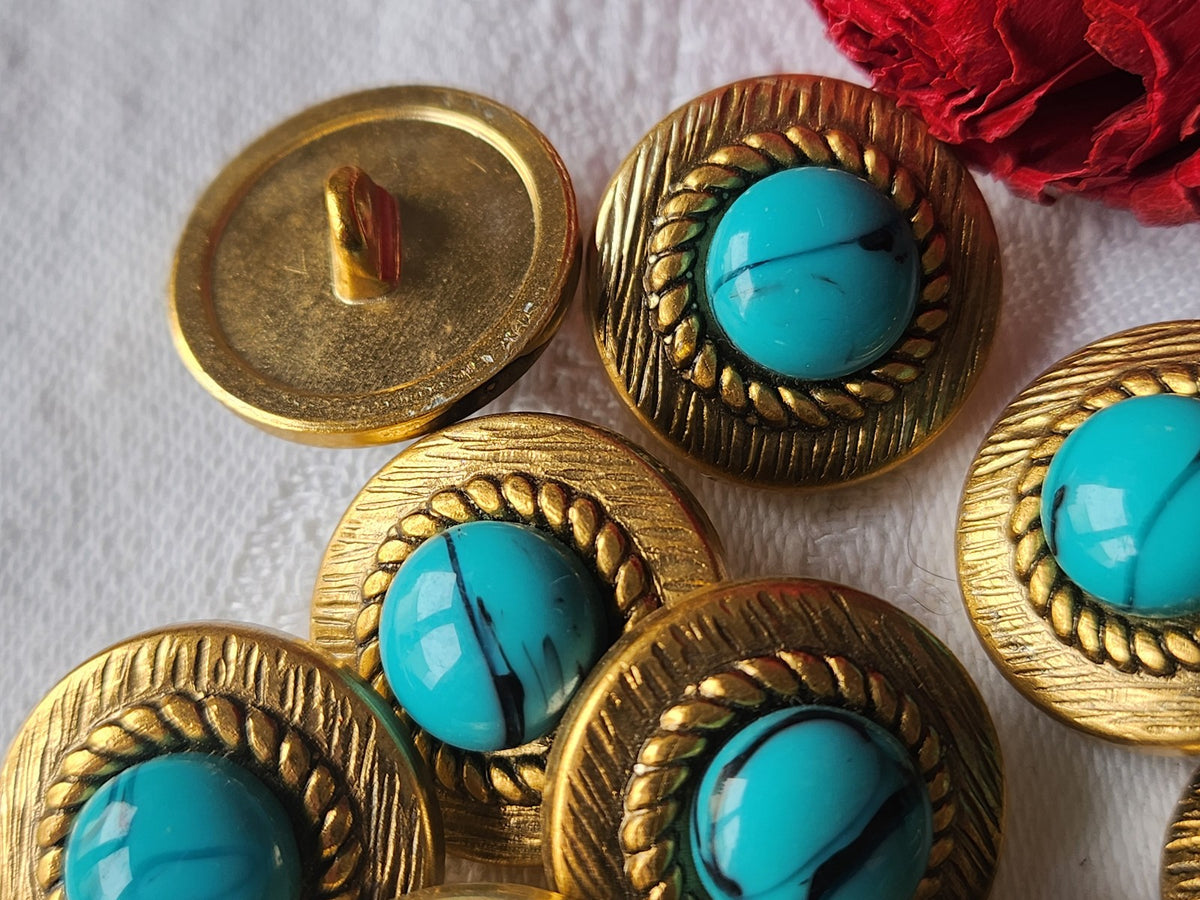 Lot 5 boutons vintage en métal doré imitation turquoise bleu 2,1 cm ref 3759