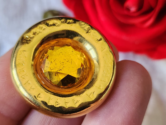 Gros bouton vintage en métal doré strass resine orange 3,1 cm G18N