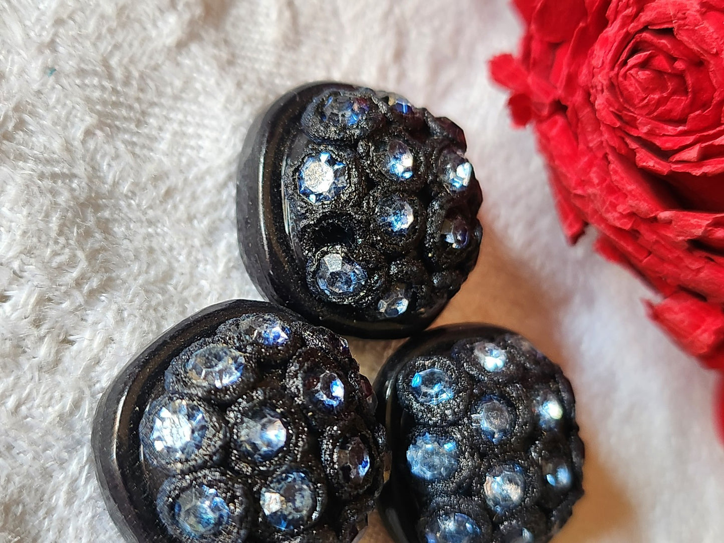 Trio boutons vintage strass resine parurier 2 cm bleu pied G15G