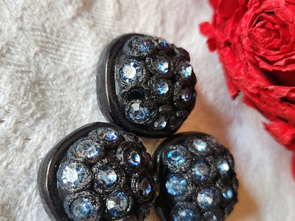 Trio boutons vintage strass resine parurier 2 cm bleu pied G15G