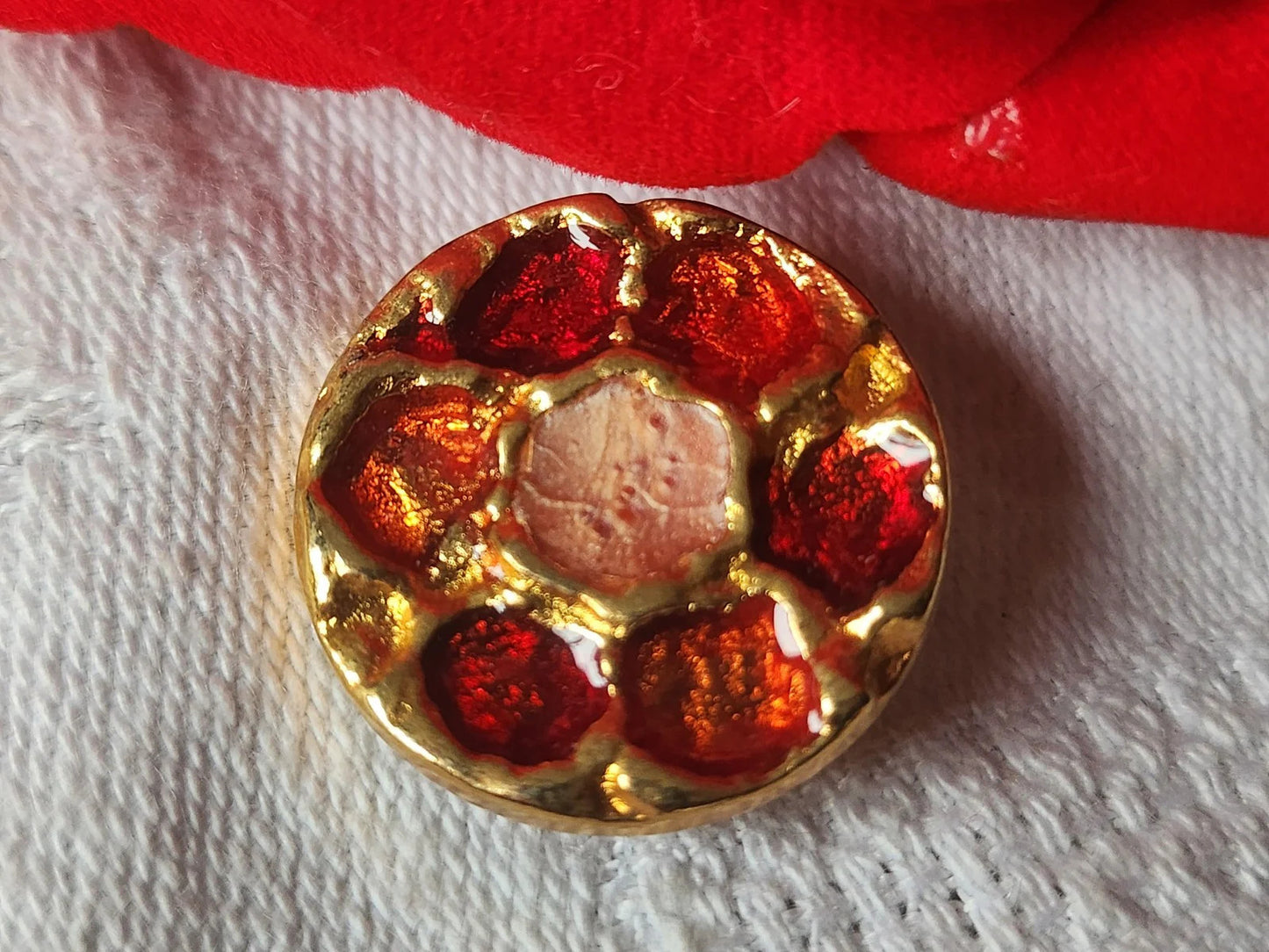 Bouton vintage métal coeur nacré orange rouge pied 2,2 cm G5D