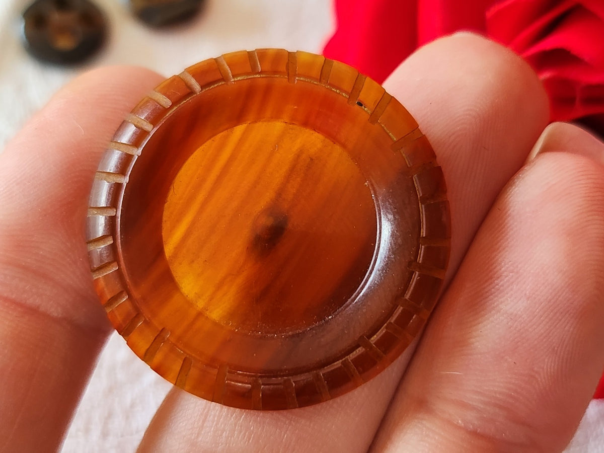 Gros  bouton ancien ecaille roux pied laiton  3,3 cm G18D