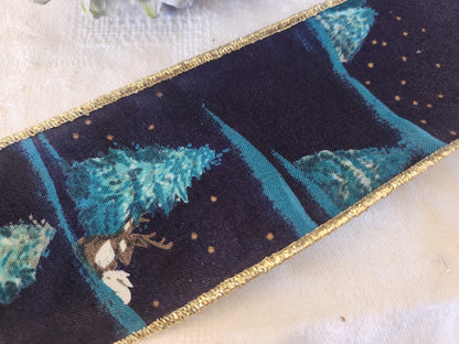 Large galon ruban  vintage sur 6,4 cm sapin bleu bord fil métal  2 métres B9