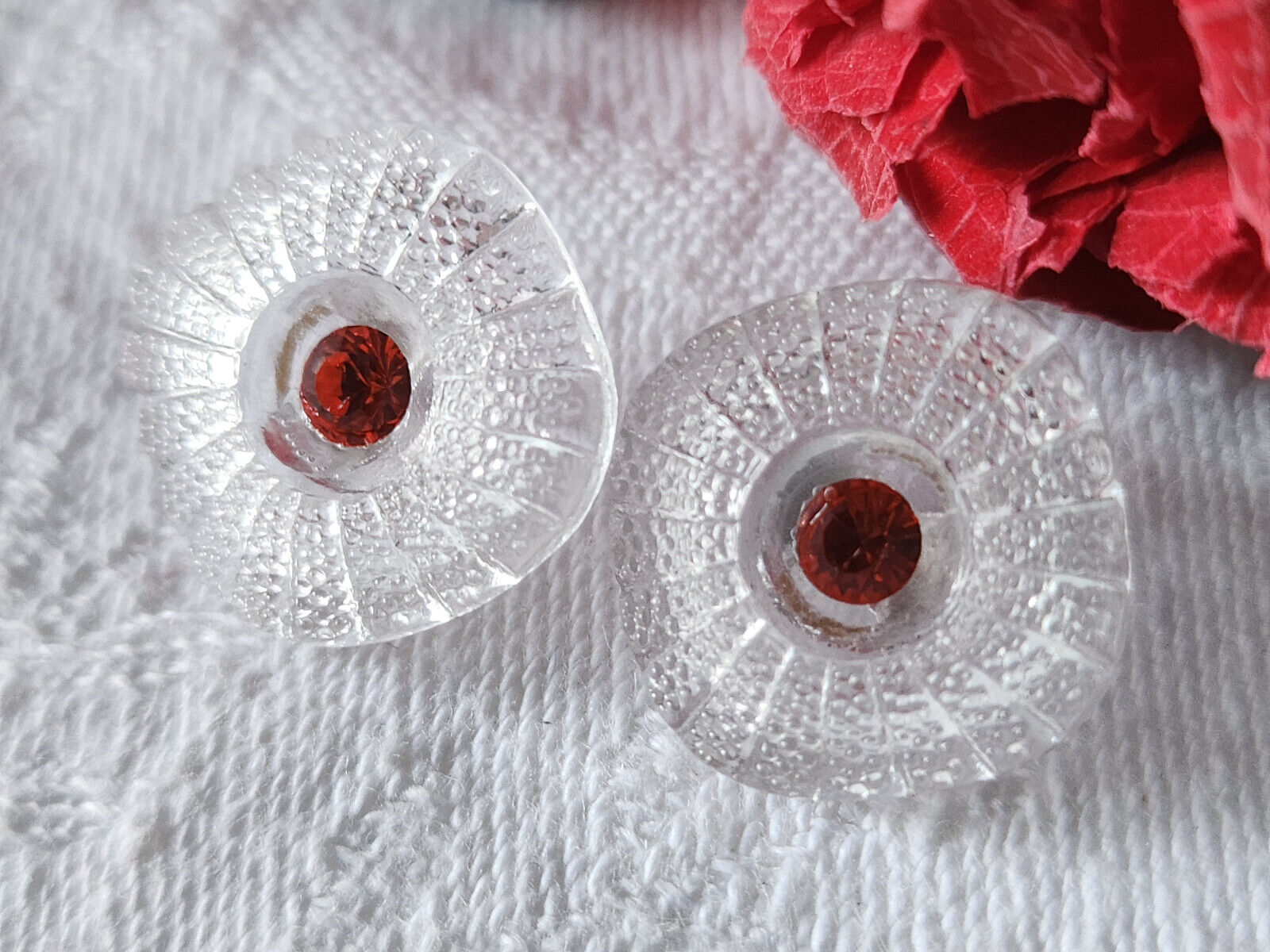 Duo boutons anciens en verre marguerite strass orange   vintage    1,6 cm D8B