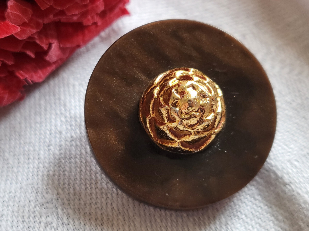 Gros bouton ancien cœur doré collection marron pied 3 cm 30 mm D17l