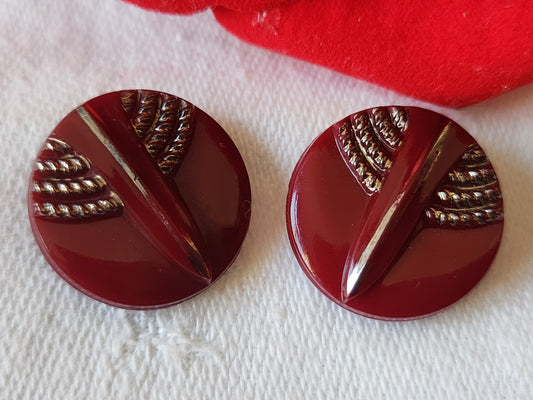 Duo boutons anciens en verre rouge lie de vin  motif vintage 1,8 cm D8A