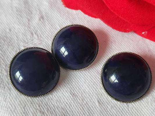 Trio  boutons vintage en métal argenté bombé bleu ancien 1,8 cm D6M