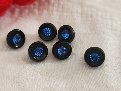 Lot 6 minuscules bouton en verre noir strass bleu vintage 0,7/08 cm ref 6358