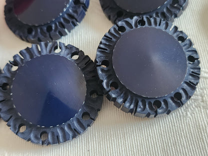 Lot 6 boutons anciens gros bleu dentellé pied laiton 2,8 cm ref 6384