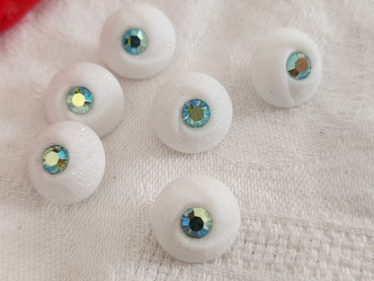 Lot 6 boutons vintage en verre blanc avec strass mordoré vert  1,3 cm ref 6365