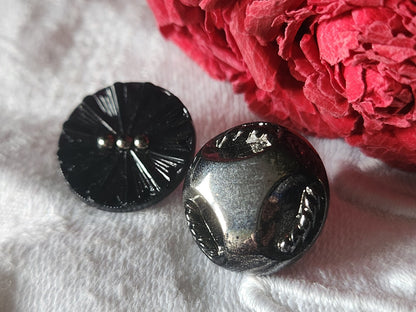 Duo boutons anciens en verre noir argenté vintage 1,8 cm G19D