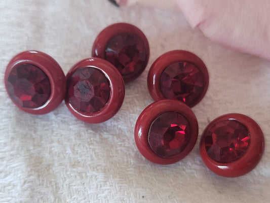 Lot 6 boutons vintage rouge avec strass en verre grelot mini 1,1 cm ref 0071