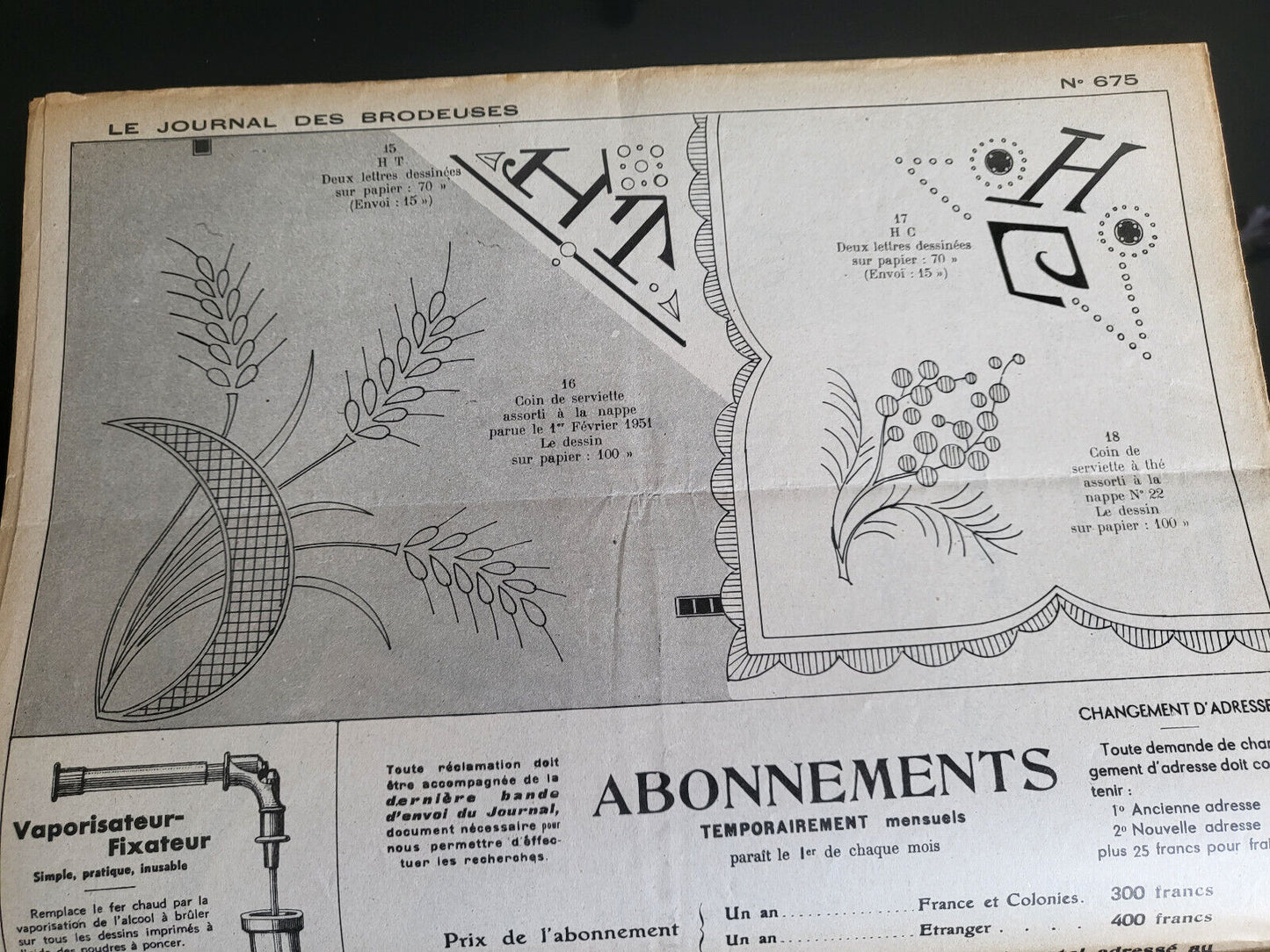 Le journal des brodeuses1951  n° 675  drap nappe à thé taie de berceau motifs