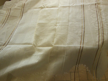 Coupon tissu luxe superbe voilage  blanc marron fil raphia 1 m 23 sur 95 cm B3