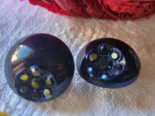 Duo boutons vintage parurier collection resine strass fleur bleu 1,8 cm G7B
