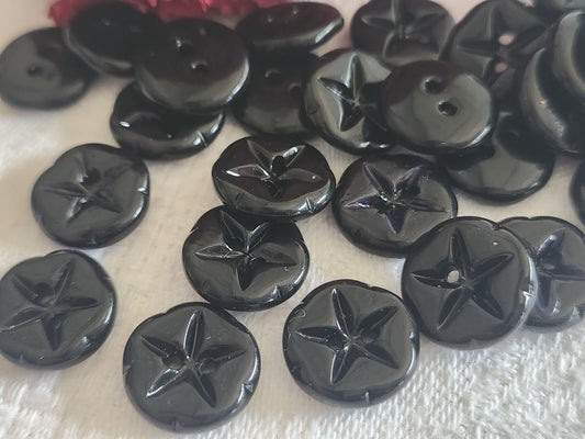 Lot 12 boutons anciens en verre noir etoile à trous diamètre 1,3 cm ref TA