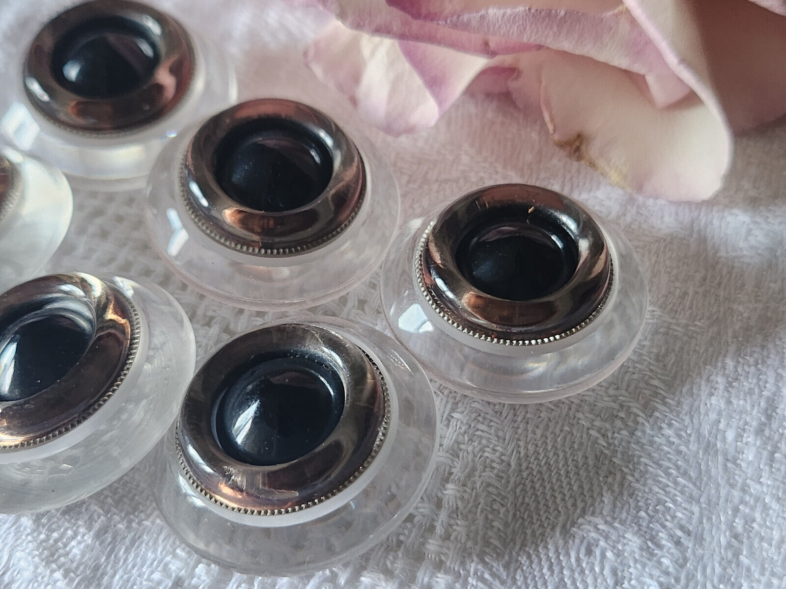 Lot 6 gros boutons vintage transparent noir argenté pied 2,5 cm ref 0213