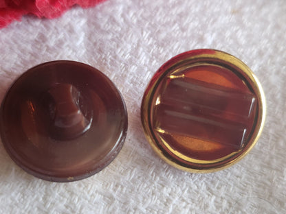 Duo boutons anciens en verre marron doré travaillé collection  1,7 cm G17F