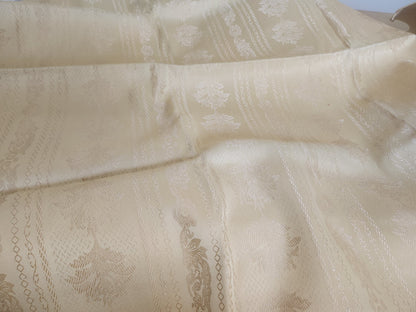 Ancien coupon de tissu damassé beige écru relief 205 cm sur 61 cm B5