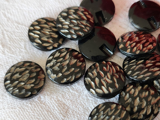 Lot 14 boutons vintage noir motif couleur pied plat 1,5 cm ou 15 mm ref 3994