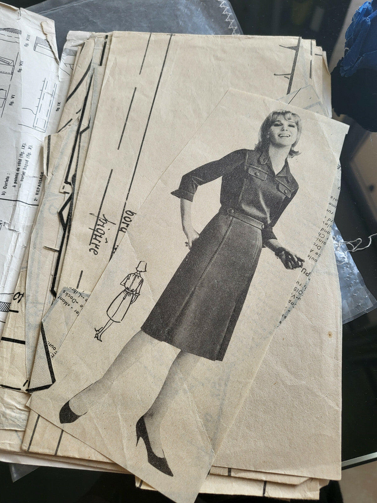 Patron ancien robe manche 3/4 col patte taille 40 44 48 immédiat