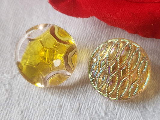Duo boutons anciens en verre  motif jaune orange  vintage 1,8 cm D10C