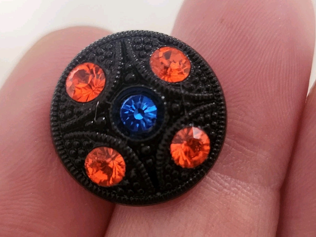 Bouton ancien en verre noir avec strass orange bleu vintage  1,8 cm D18A