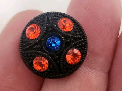 Bouton ancien en verre noir avec strass orange bleu vintage  1,8 cm D18A
