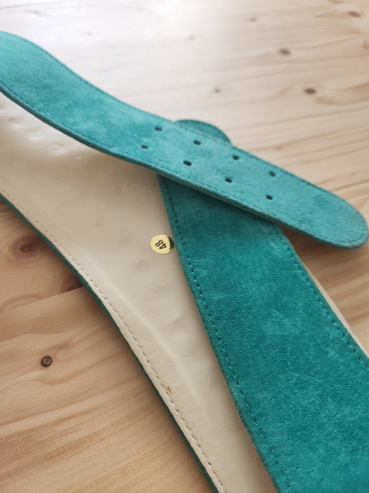 Ceinture ancienne vintage daim vert d'eau superbe perléB8