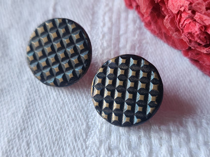 Duo boutons anciens en métal quadrillé à pied diamètre 1,6 cm D7G