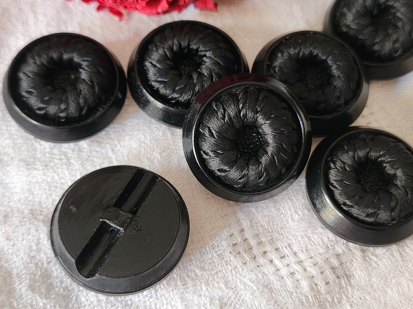 Lot 6 gros boutons anciens passementerie noir pied perlé  2,7 cm ref 2918