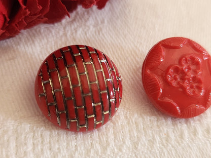 Duo boutons vintage en verre motif rouge 1,8 cm D15E