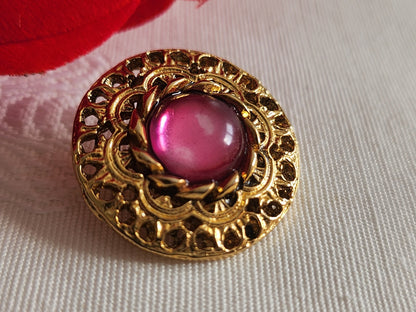Gros bouton vintage métal doré cœur effet strass rose 2,4 cm  ou 24 mm  ref 6304