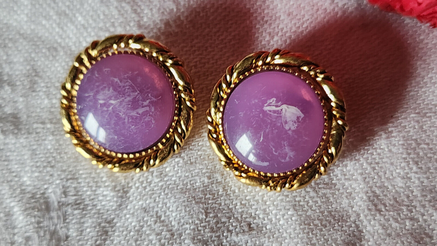 Duo boutons en métal doré coeur violet jaspé bijoux pied 2,3 cm ref 2837