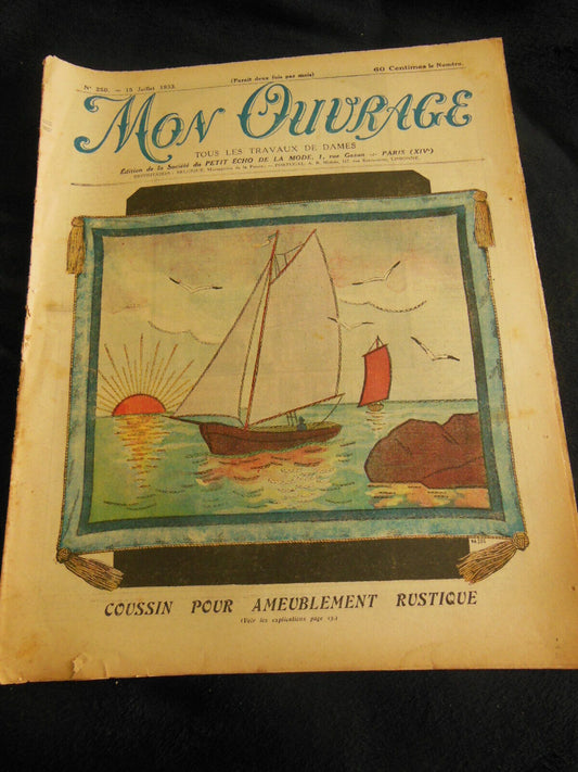 Mon ouvrage 1933 n°250 aube en filet d'Art, pochettes brodées liserons