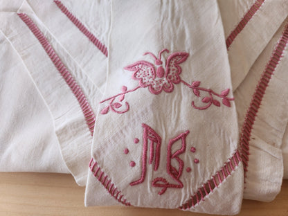 Superbe taie housse de polochon double monogramme MB papillon ancien B8