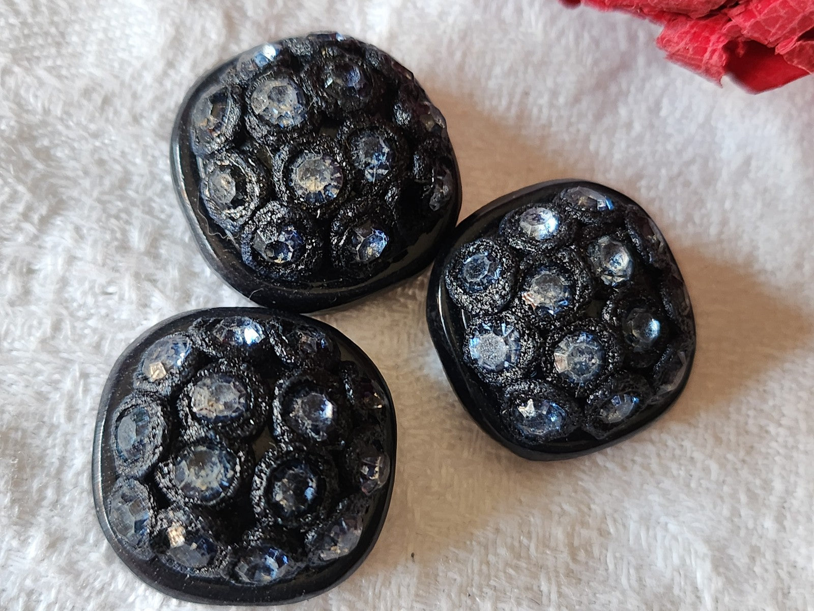 Trio boutons vintage strass resine parurier 2 cm bleu pied G15G