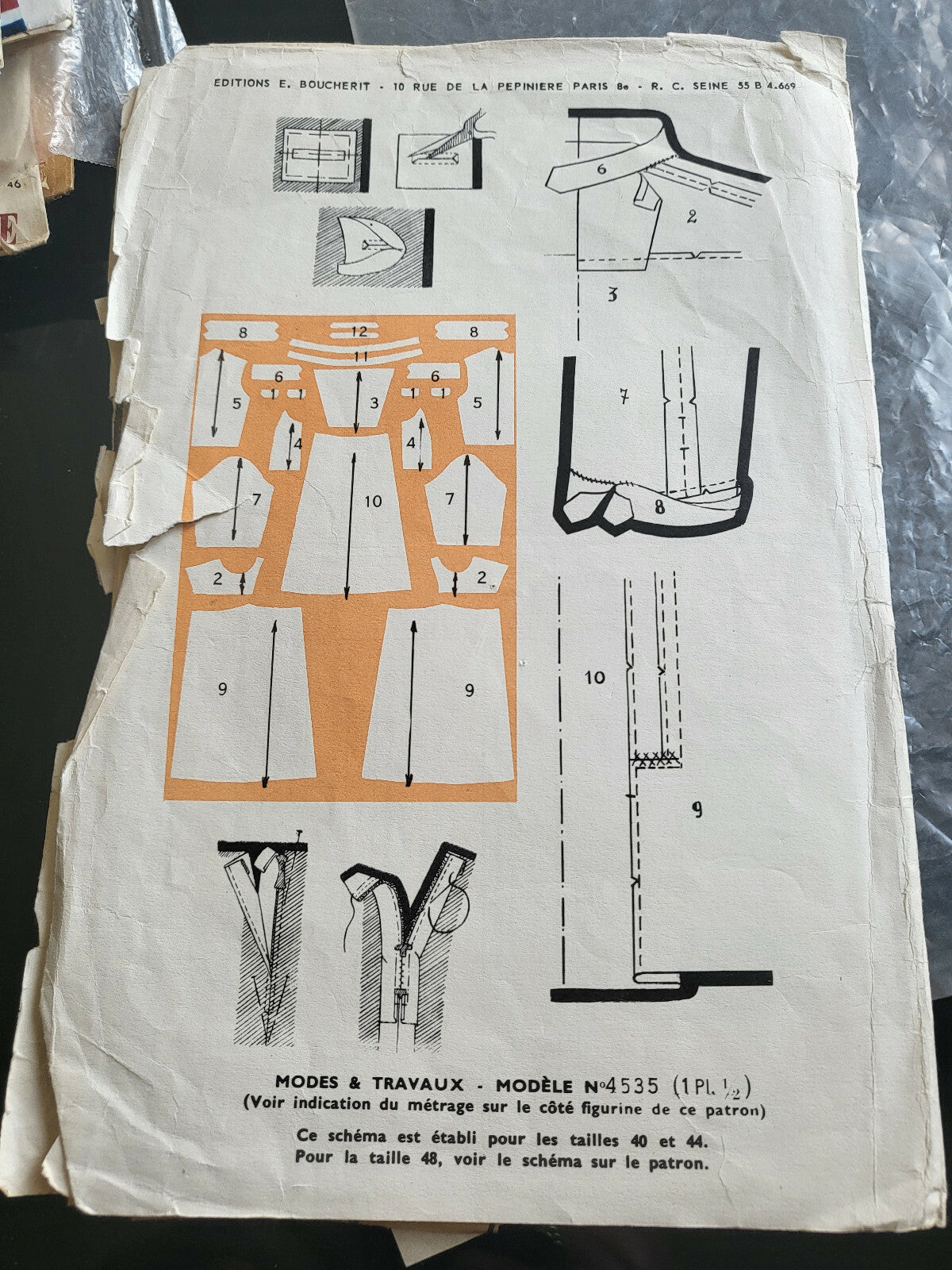 Patron ancien robe manche 3/4 col patte taille 40 44 48 immédiat