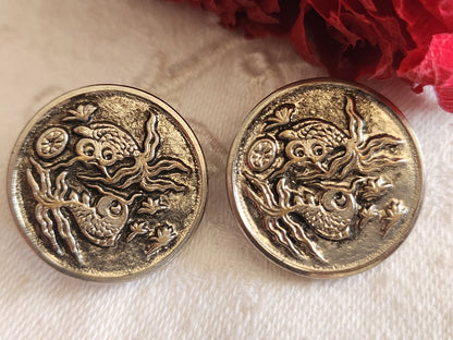 Duo anciens bouton ancien en métal motif poisson 2,2  cm D14P